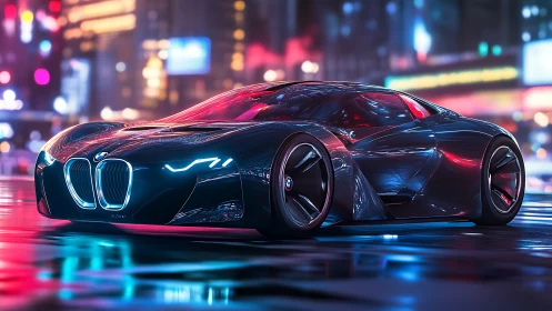 Futuristic BMW supercar glides through neon lit cyberpunk city streets