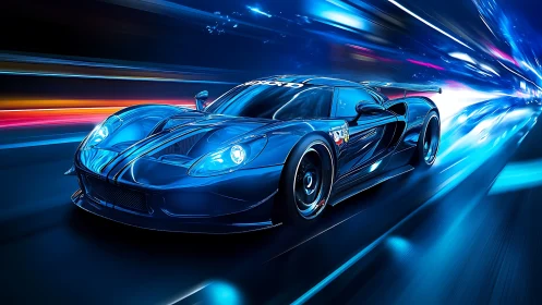 Sleek blue supercar rockets through neon city speedway night