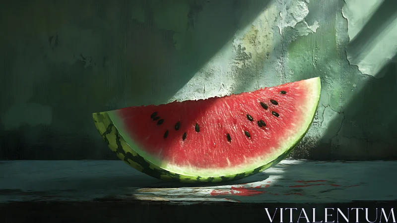 Watermelon slice under strong directional window light.