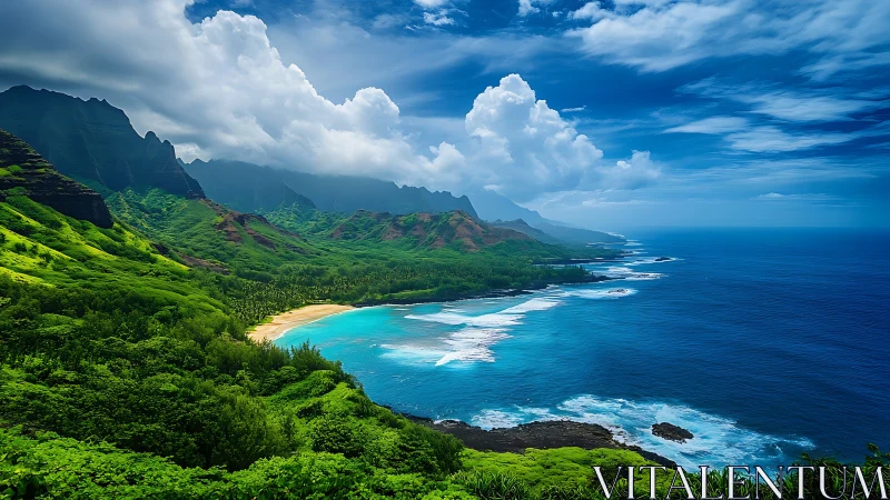 Coastal mountain terrain with vegetation and turquoise water formations