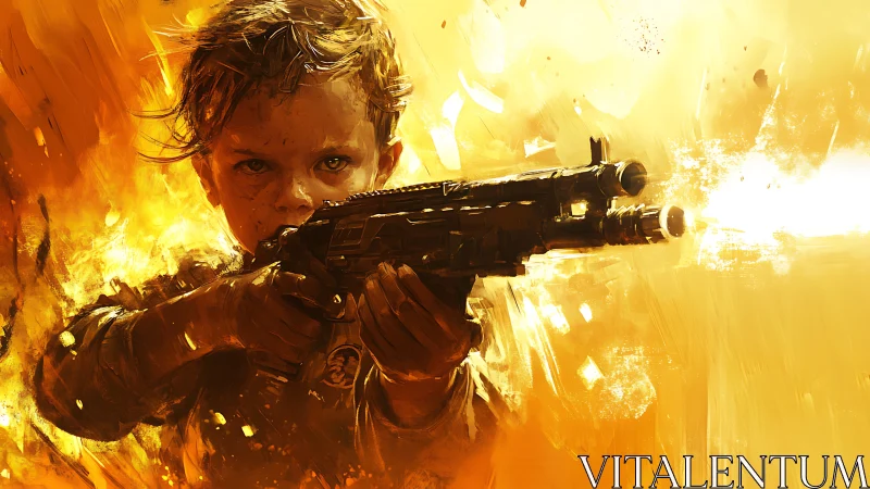 Young fighter aiming blaster in intense fiery scene.
