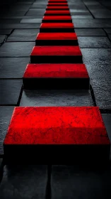 Red concrete blocks form stark geometric urban pathway.