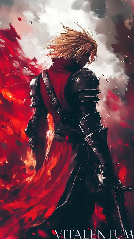 Lone crimson knight stands amid swirling battle flames