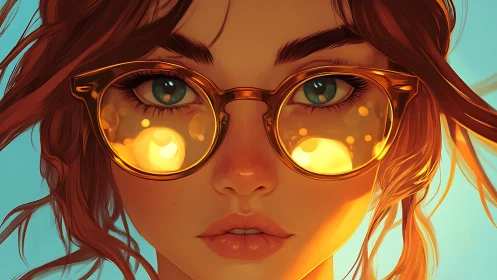 Close-up digital portrait of woman with glowing glasses.