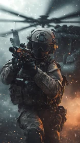 Tactical soldier advances under rotor wash and embers.