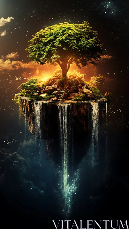 Floating island tree sustains cascading waterfalls in void