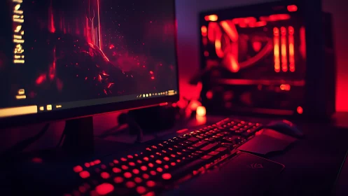 Cozy red gaming setup glowing with immersive desktop light.