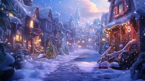 Snow-dusted village street hums softly with winter lights