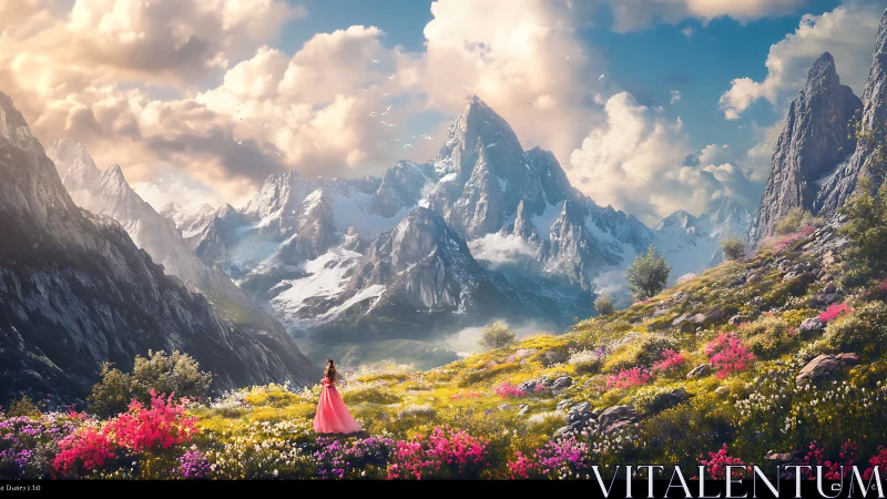 Woman in pink dress in alpine meadow below snowy peaks.