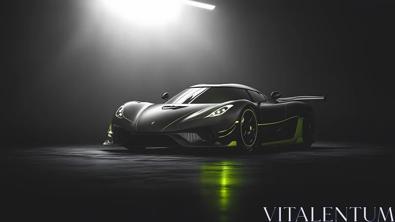 Sleek black supercar rests under a dramatic spotlight glow