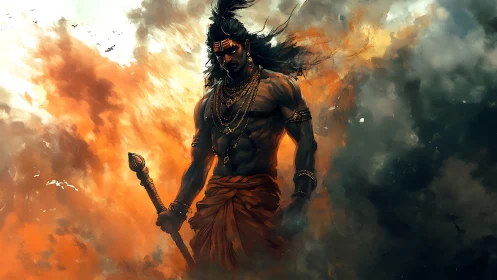 Warrior figure stands amid swirling fire and smoke clouds