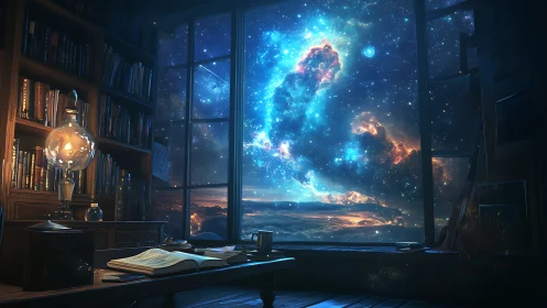 Study interior overlooks expansive nebula through large window