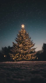 Snowy Christmas tree glows warmly beneath a starry sky