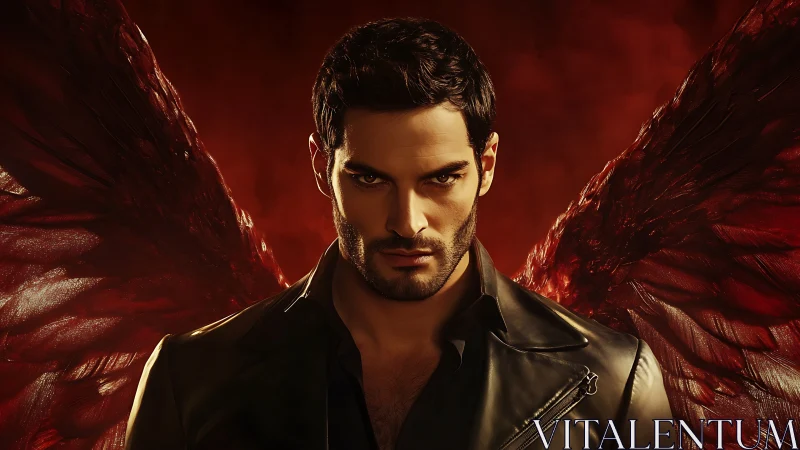 Dark-winged fallen angel stares forward over burning red sky