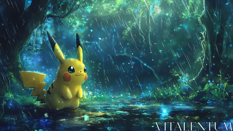 Rainlit forest guardian sparks quiet magic in blue twilight.