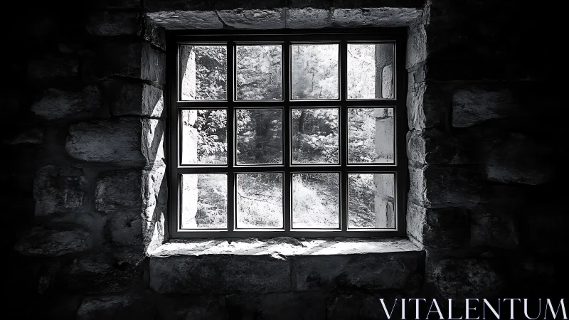Quiet stone window framing a silver world outside.