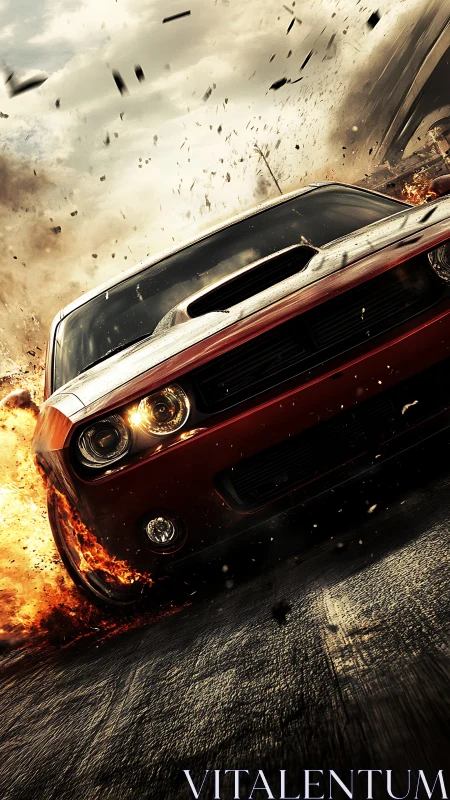 Red muscle car drifting through fire and debris on road.