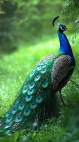 Optically saturated peacock plumage in shallow-forest bokeh field.
