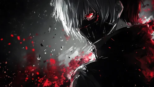 Masked crimson gaze carves through a storm of burning night