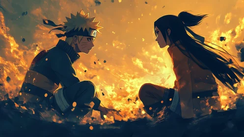 Fiery dusk duel of destined ninja rivals in molten silence.