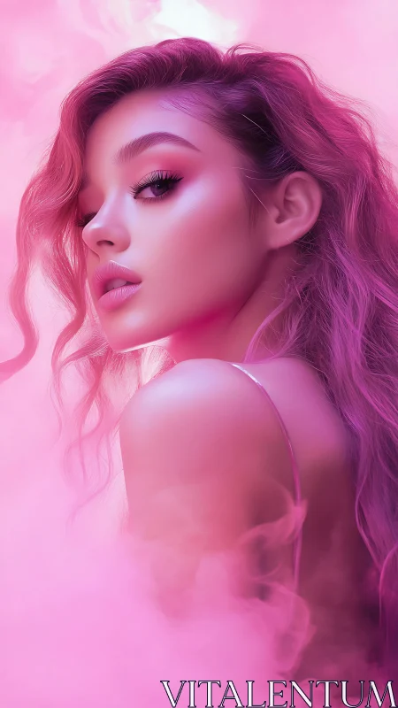 Digital portrait depicts a stylized woman in dense pink fog