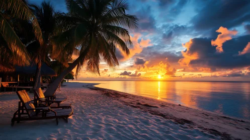 Photorealistic tropical beach sunset with silhouetted palms.