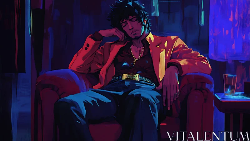 Man resting in armchair under saturated colored lighting.