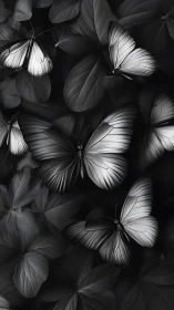Monochrome butterflies resting on layered foliage pattern.
