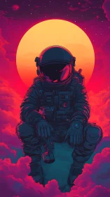 Solitary armed astronaut against neon sun and clouds.