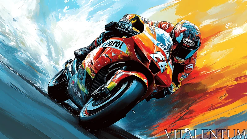 Motorcycle racer leans into high speed corner on vivid track