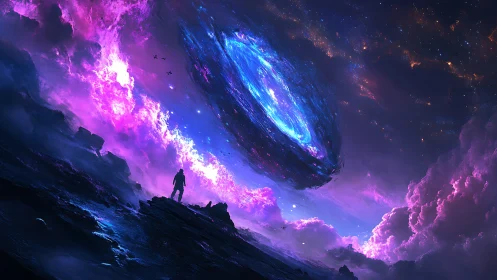 Silhouette observes rotating blue nebula amid magenta clouds
