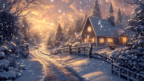 Snowy country lane leading to warmly lit cottage at dusk.
