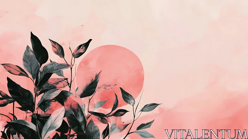 Dark leaves silhouetted against soft pink sun backdrop.