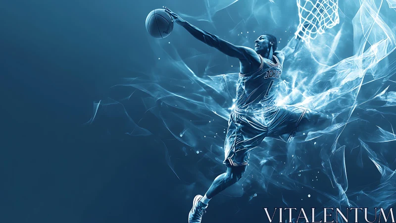 Dynamic blue-tinted basketball dunk rendered with energy trails