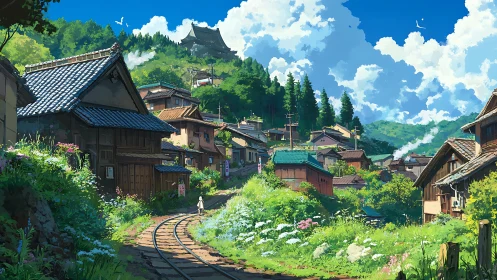 Railway curve passes through hillside village under clouds