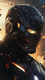 Stormlit war android gazes through sparks of a broken sky.