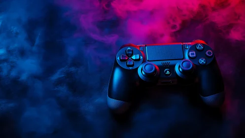 PlayStation 4 Controller Against Vibrant Neon Backdrop.
