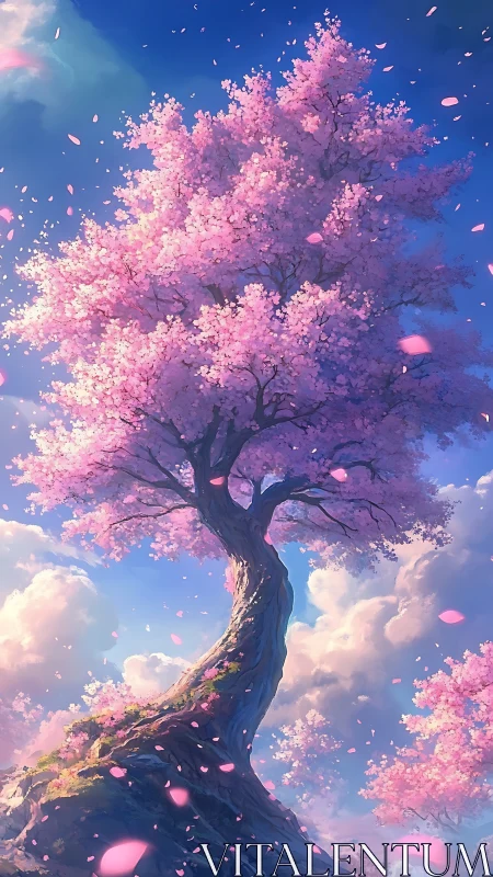 Majestic cherry blossom tree under glowing spring sky.
