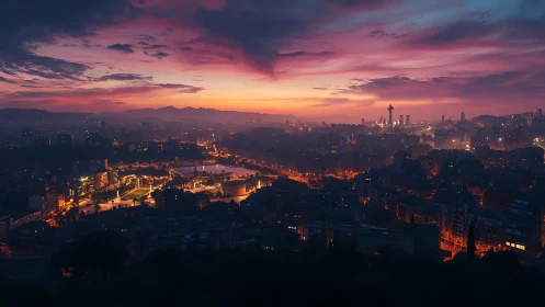 Digital painting twilight metropolis with cinematic haze layering.