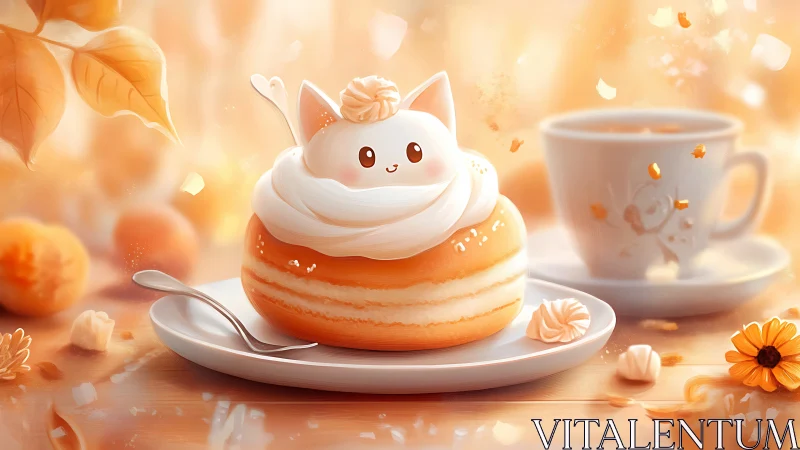 Whimsical Cat-Topped Pastry: 3D Rendered Culinary Character.