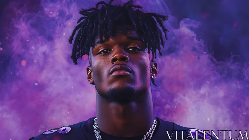 Confident football player stands strong in vibrant purple smoke