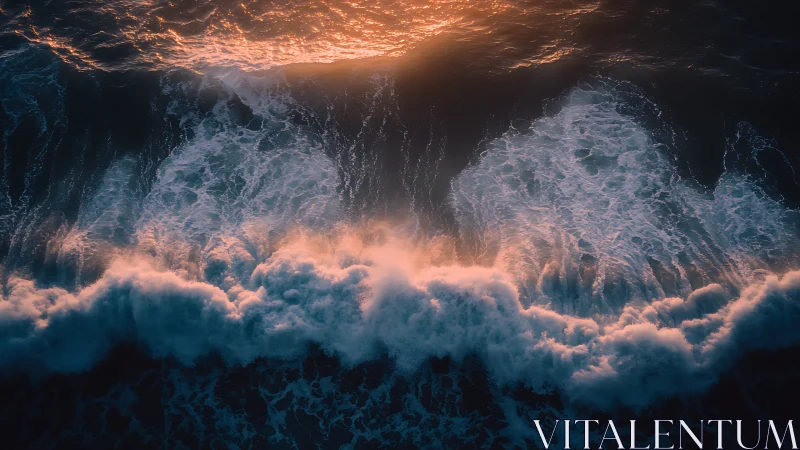 Sunlit aerial surf with dynamic foamy wave crests at dusk.
