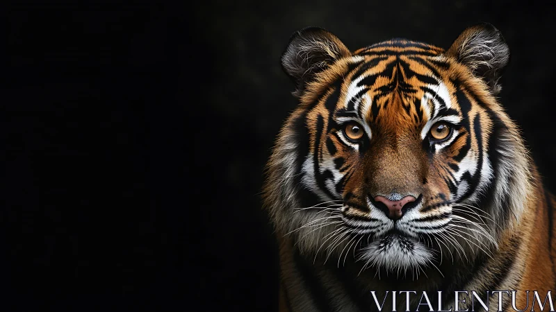 Front-facing tiger portrait with high-contrast optical isolation.