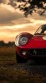 Vintage red sports coupe front profile at sunset roadside.