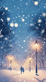 Nocturnal snowfall promenade under gaslight diffusion field.