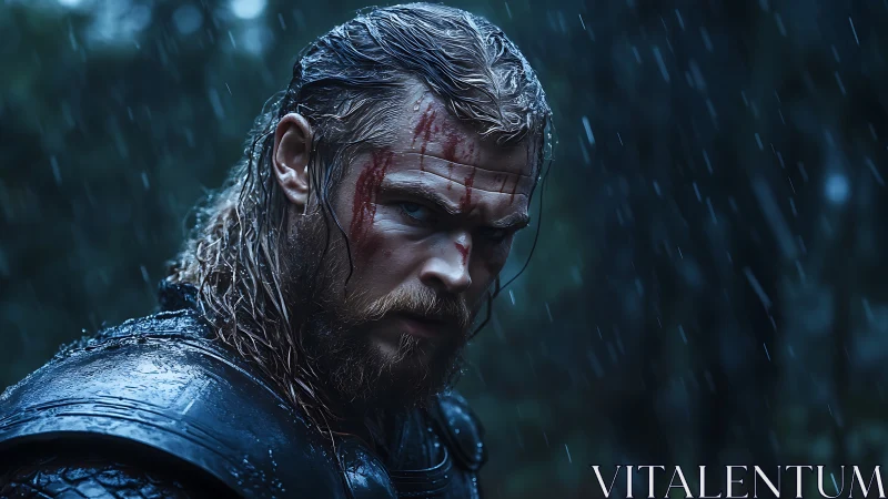 Weathered warrior stands steady beneath the falling rain.