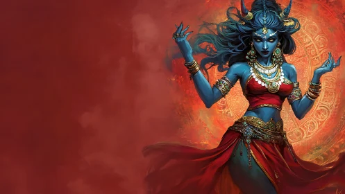 Fiery blue goddess dancing in swirling red light and shadow.