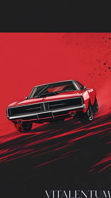 Roaring red muscle car surges forward with bold racing energy