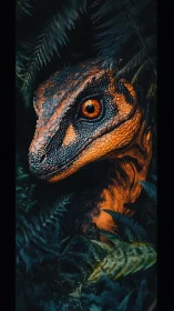 Raptor-like reptilian head is framed by dense fern foliage