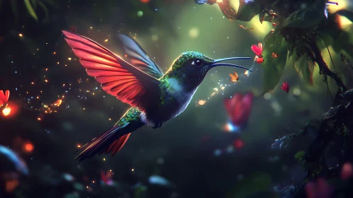 Hummingbird lantern in a glowing forest of drifting petals.